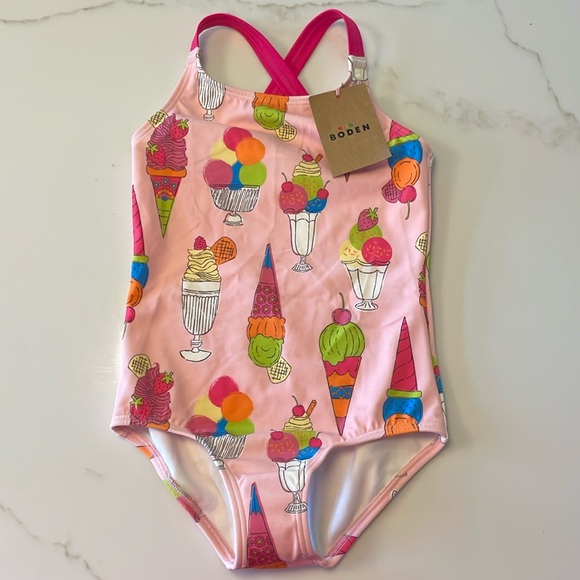 Boden mini NWT girls cross back printed swimsuit 4-5 year ice cream print - Picture 1 of 7